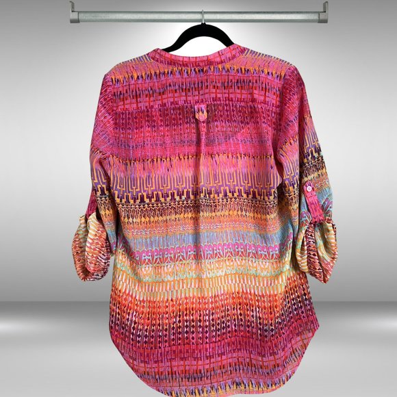 AB Studio Bright Pink Multi Colored Sheer Top with Camisole, 3/4 Roll-up Sleeves - Picture 2 of 5